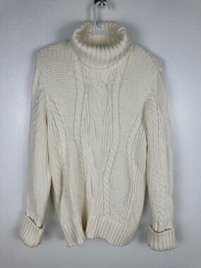 Lands' End Women's Cream Chunky Cable-Knit Turtleneck Sweater "Fisherman" XL
